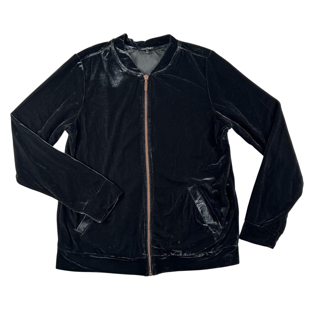 Lemon Tart Jacket Womens Large Black Velvet Full Zip Collarless Pockets